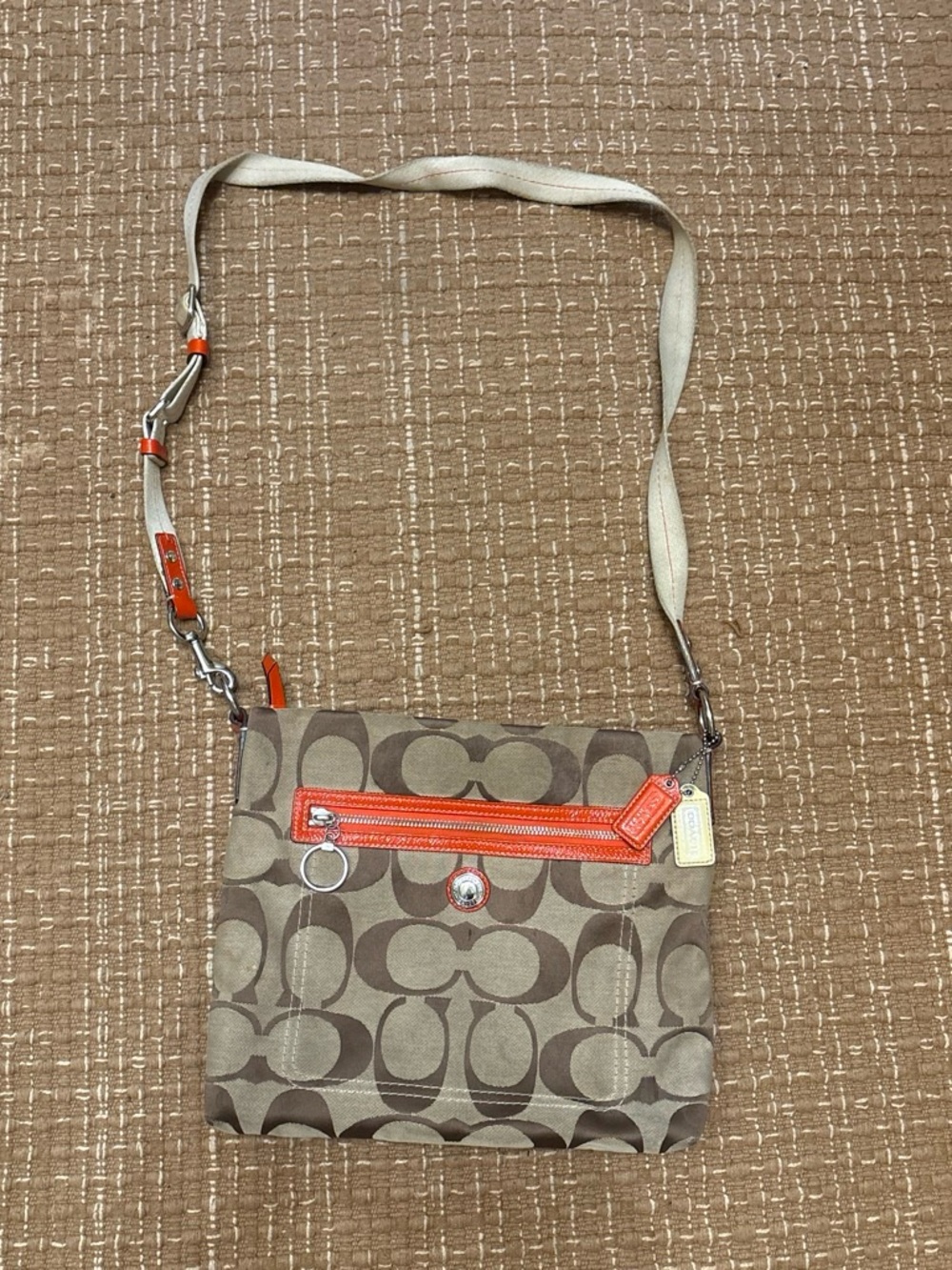 Coach Brown Signature Crossbody with Orange Trim